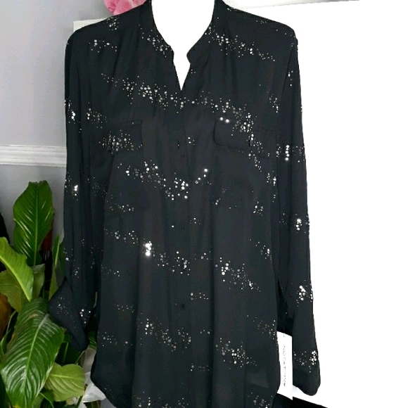 Notations Black Sequin Embellished Long Sleeve Buttons up Blouse - Picture 1 of 7